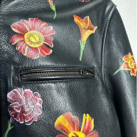Libertine Hand-Painted Floral Skull Black Leather Moto Jacket M - Picture 4 of 16